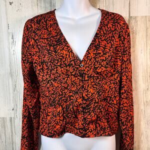 The Fifth Label Blouse 8 | Orange & Black Abstract | Button Front | MSRP $88